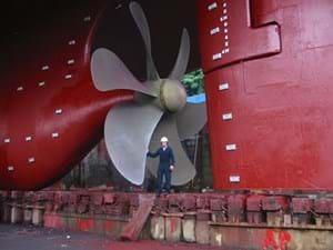Sacrificial anodes (white) on a ship.